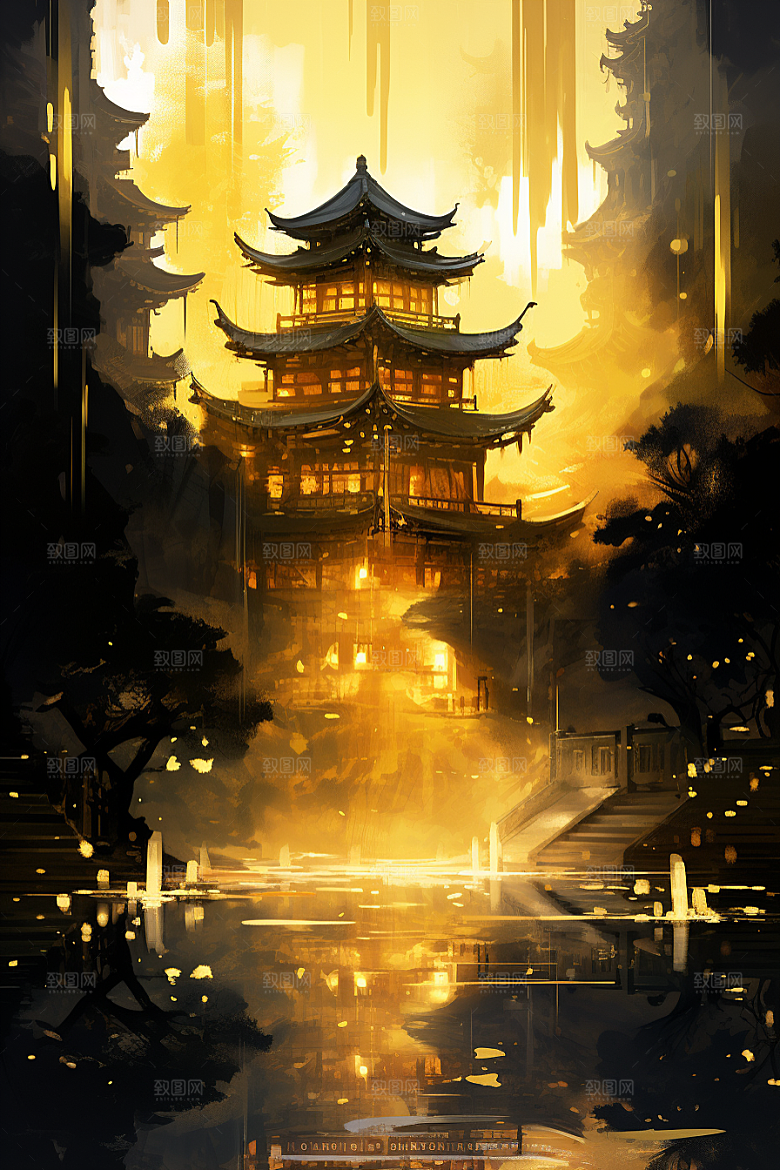 金色神话建筑古风梦幻原画