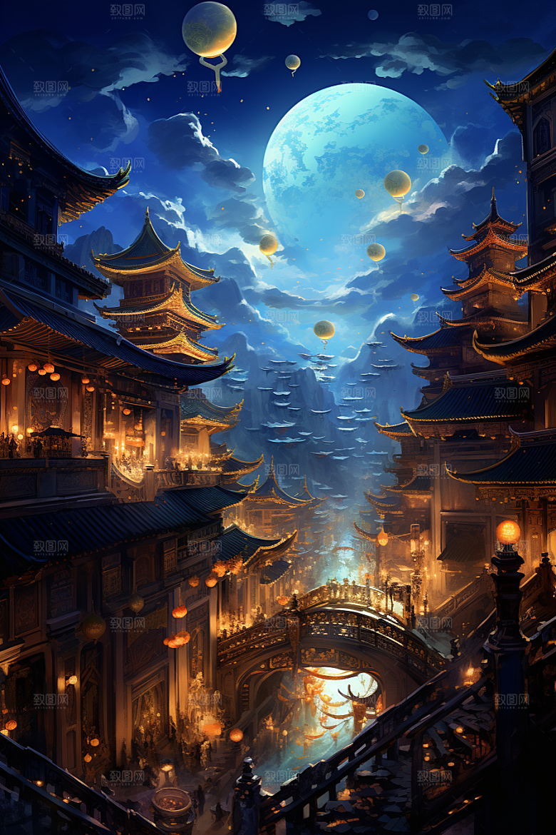 金色神话建筑中国传统风格神仙洞府原画