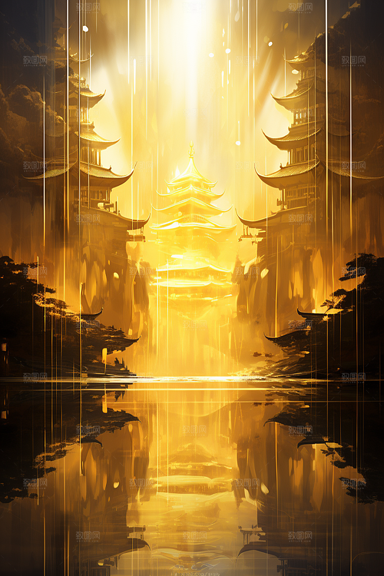 金色神话建筑古风国潮原画
