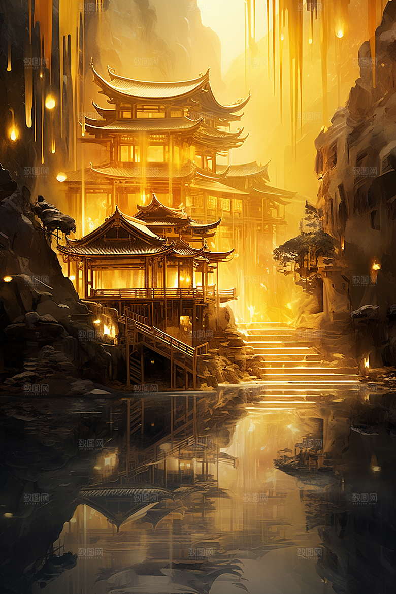 金色神话建筑中国传统风格梦幻原画