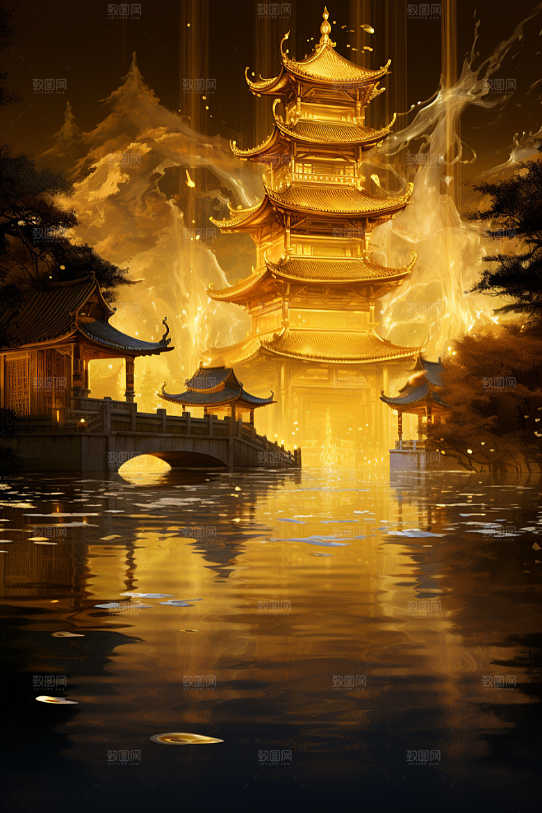 金色神话建筑国潮梦幻原画