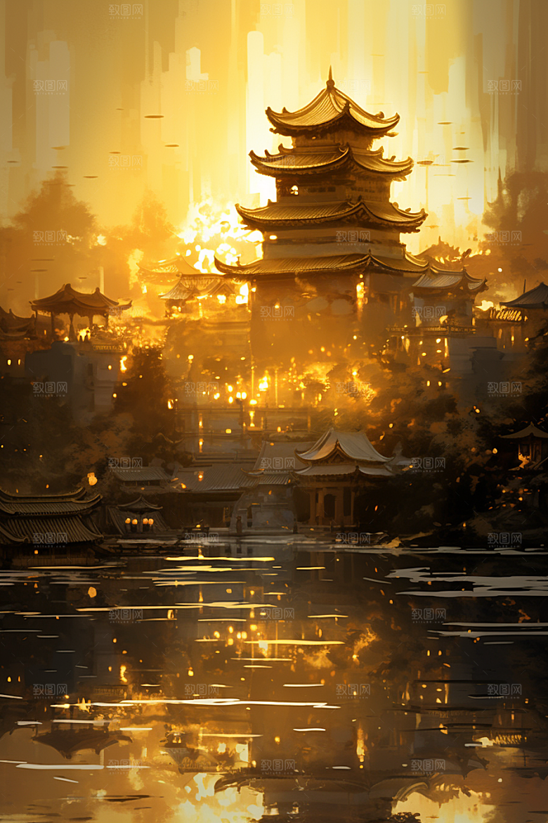 金色神话建筑国潮梦幻原画