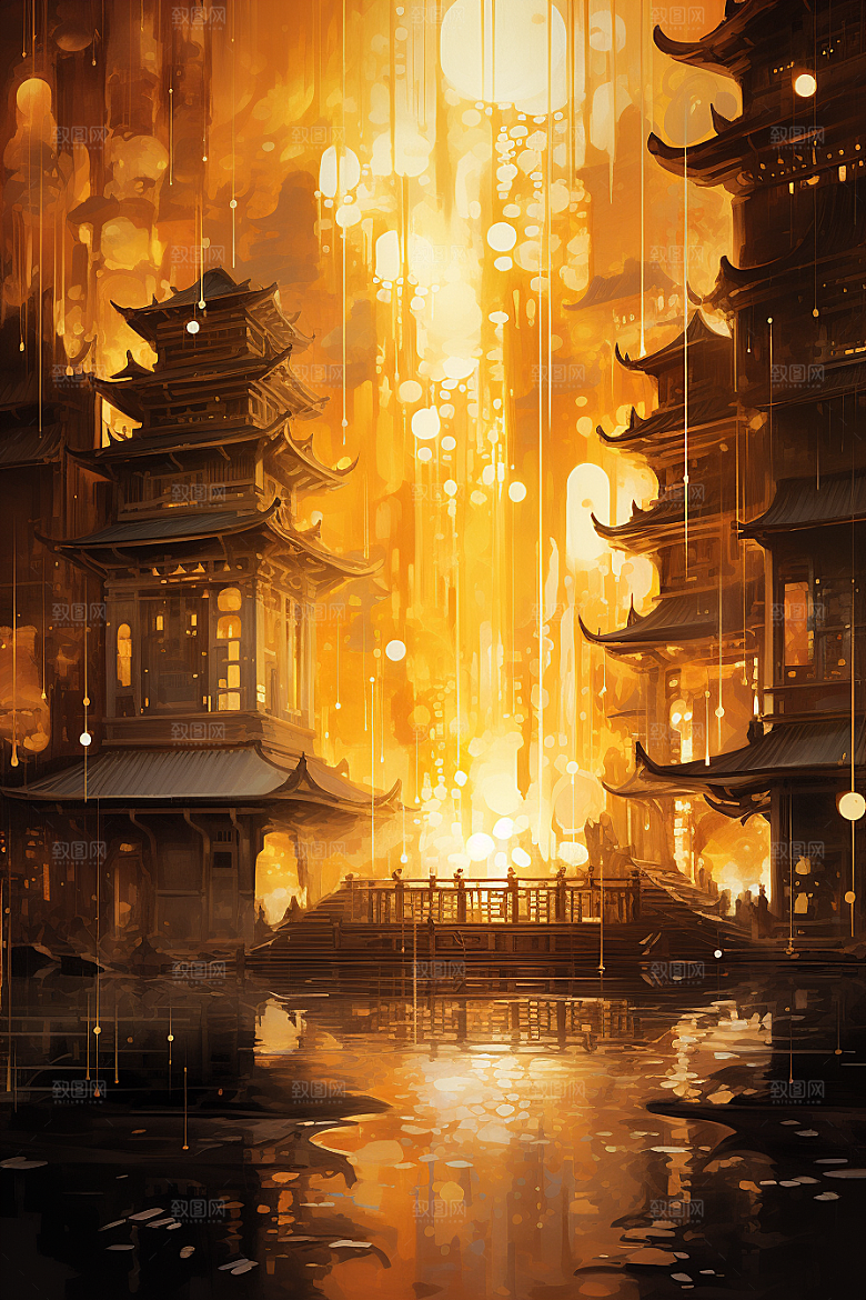 金色神话建筑国潮中国传统风格原画