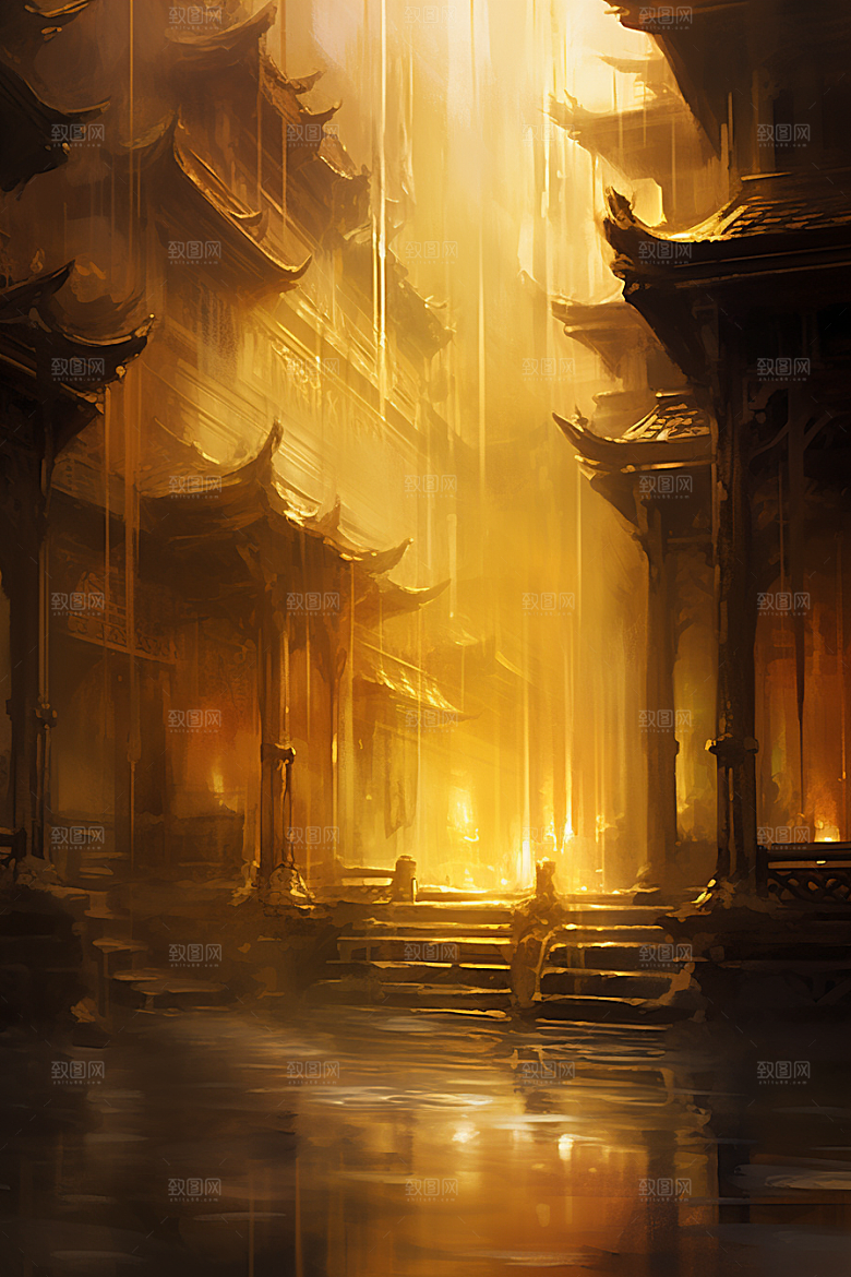 金色神话建筑梦幻古风原画