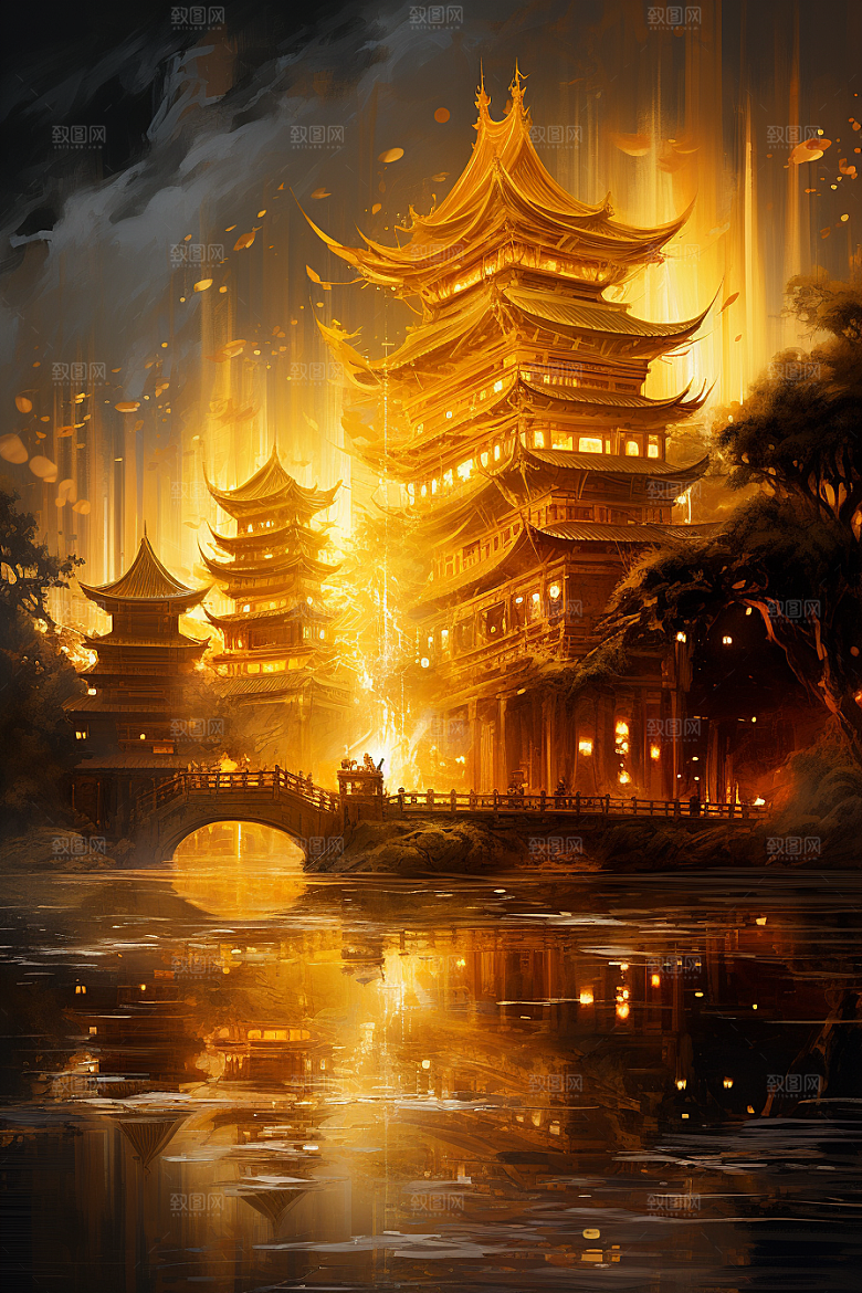 金色神话建筑天宫国潮原画