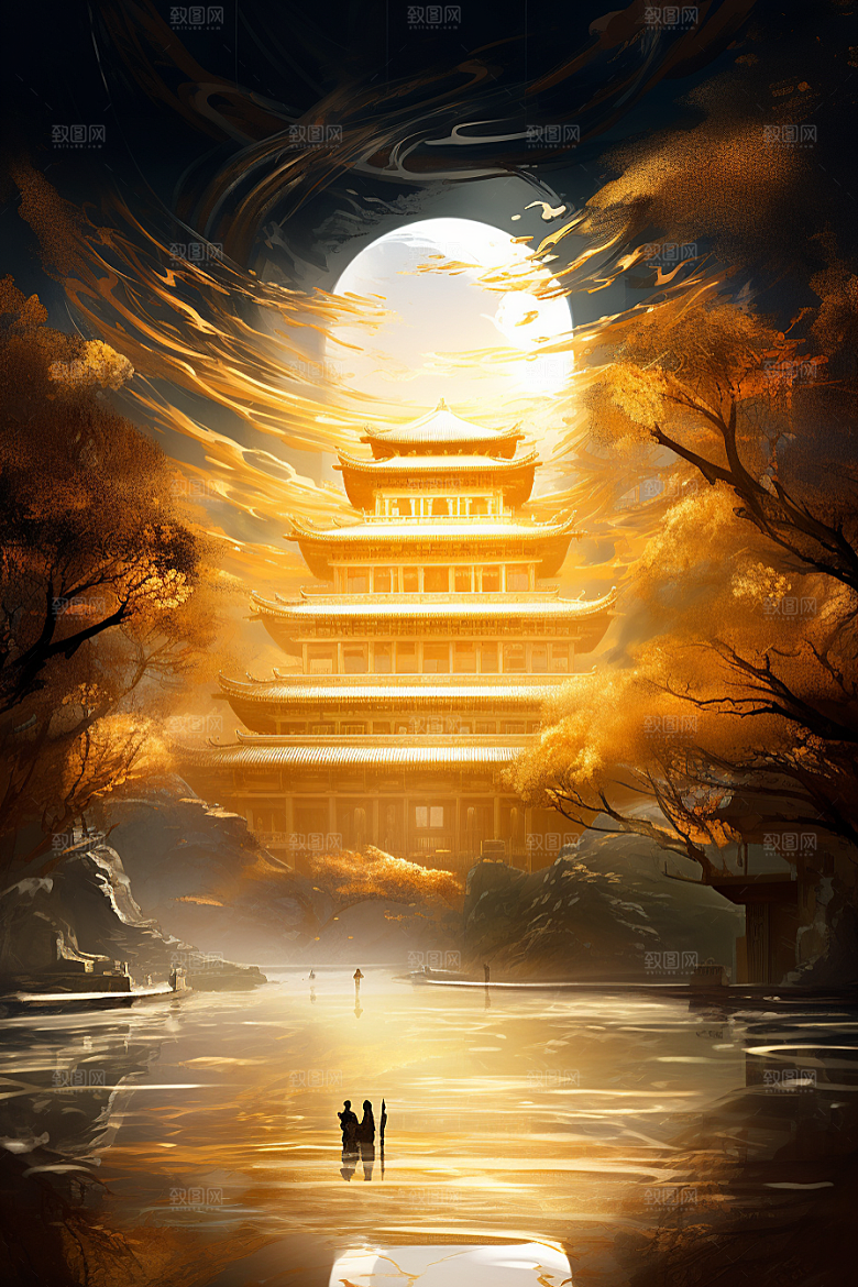 金色神话建筑中国传统风格神仙洞府原画