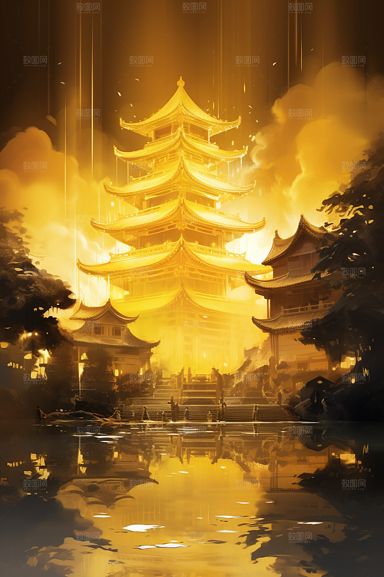 金色神话建筑中国传统风格神仙洞府原画