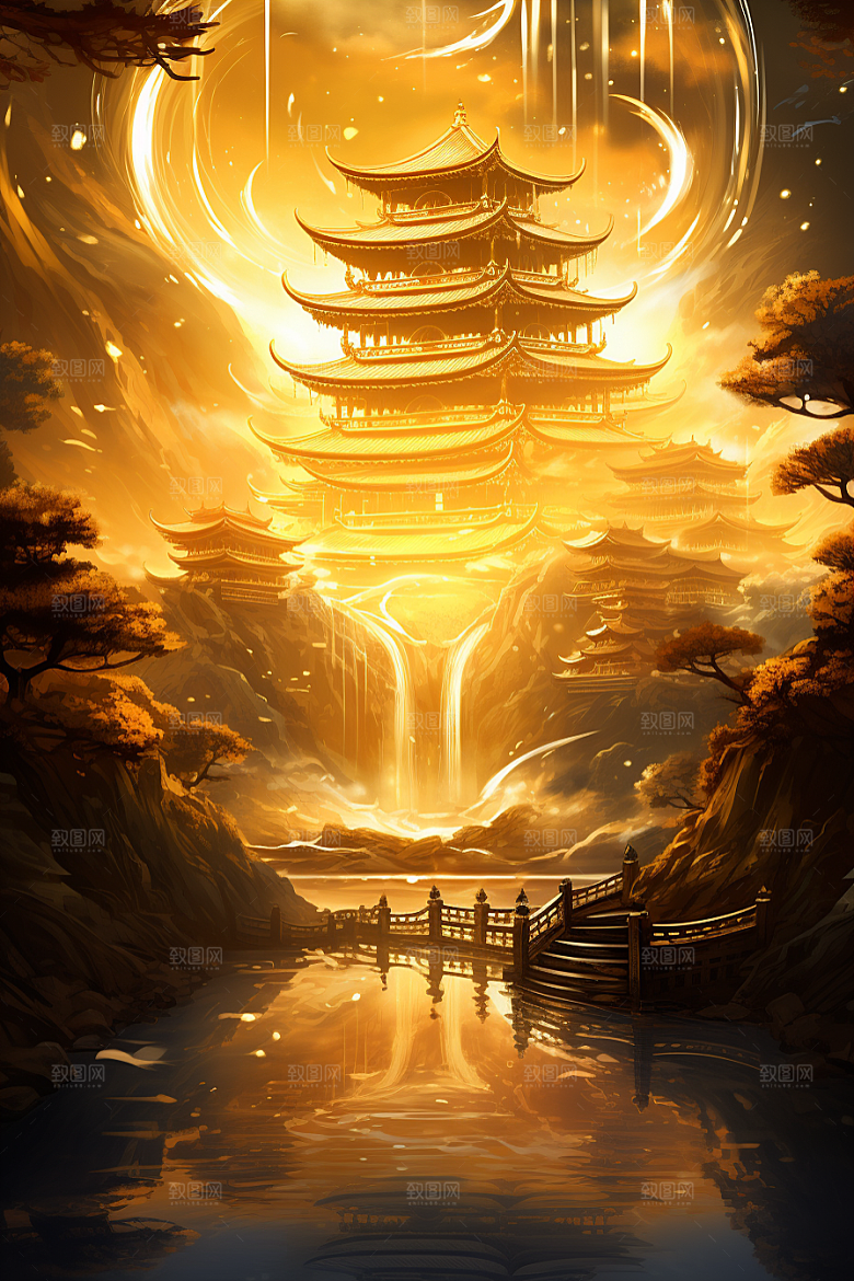 金色神话建筑中国传统风格梦幻原画