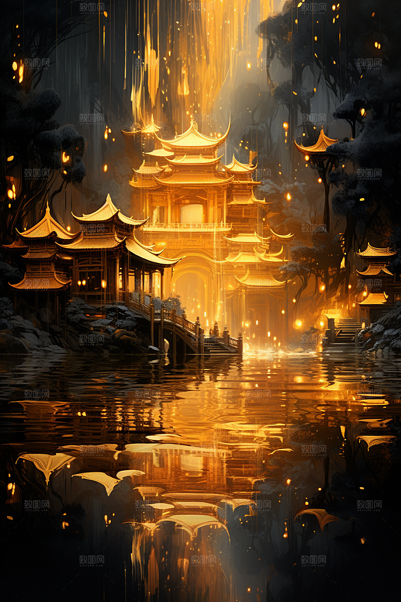 金色神话建筑中国传统风格梦幻原画