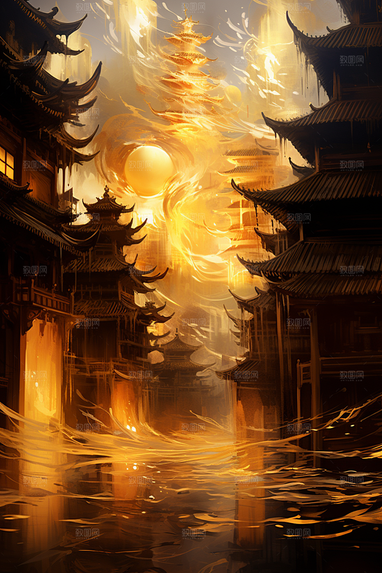 金色神话建筑中国传统风格梦幻原画