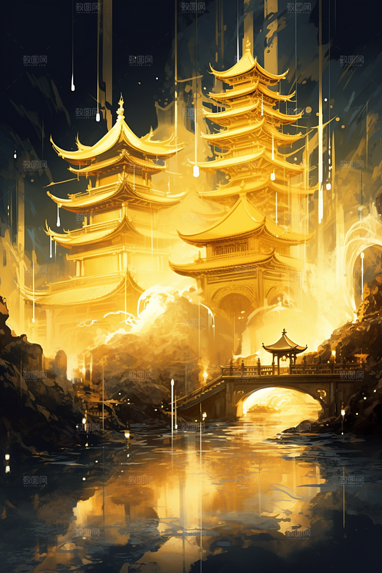 金色神话建筑高清国潮原画