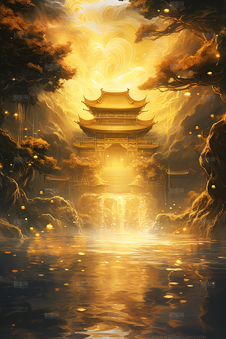 金色神话建筑中国传统风格国潮原画