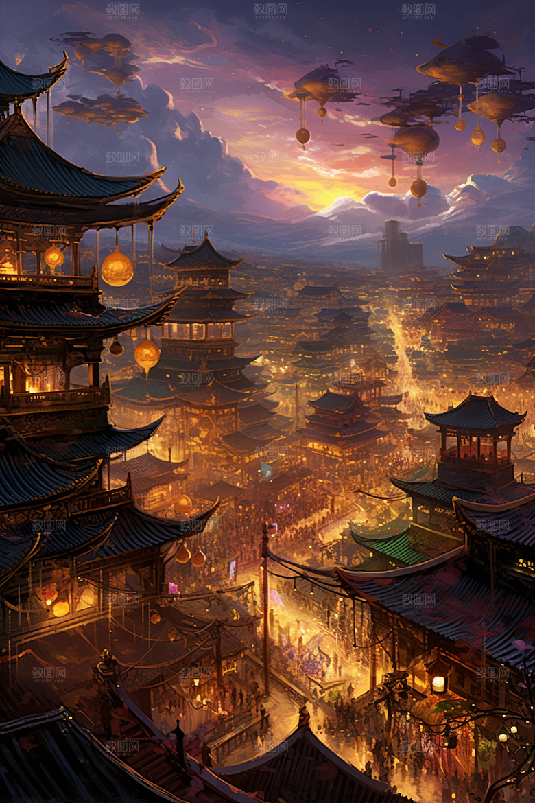 金色神话建筑中国传统风格国潮原画