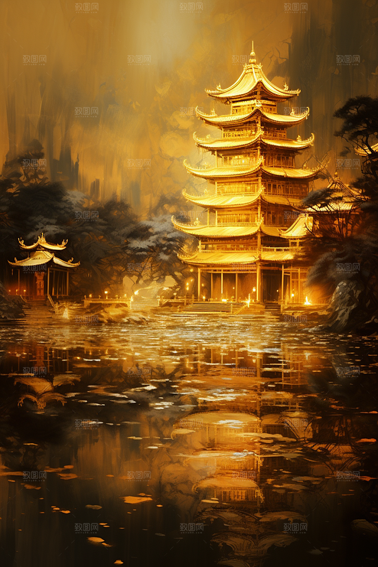 金色神话建筑游戏梦幻原画