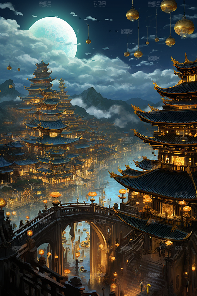 金色神话建筑中国传统风格国潮原画