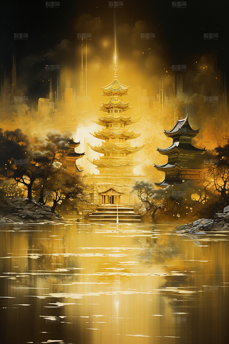 金色神话建筑神仙洞府国潮原画