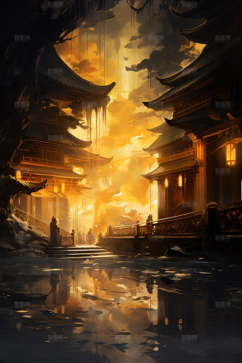 金色神话建筑中国传统风格古风原画