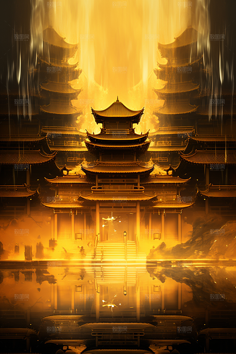 金色神话建筑古风梦幻原画
