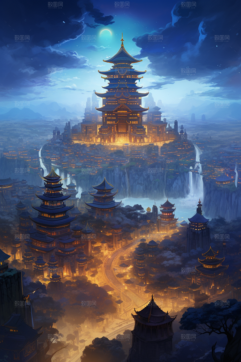金色神话建筑神仙洞府中国传统风格原画