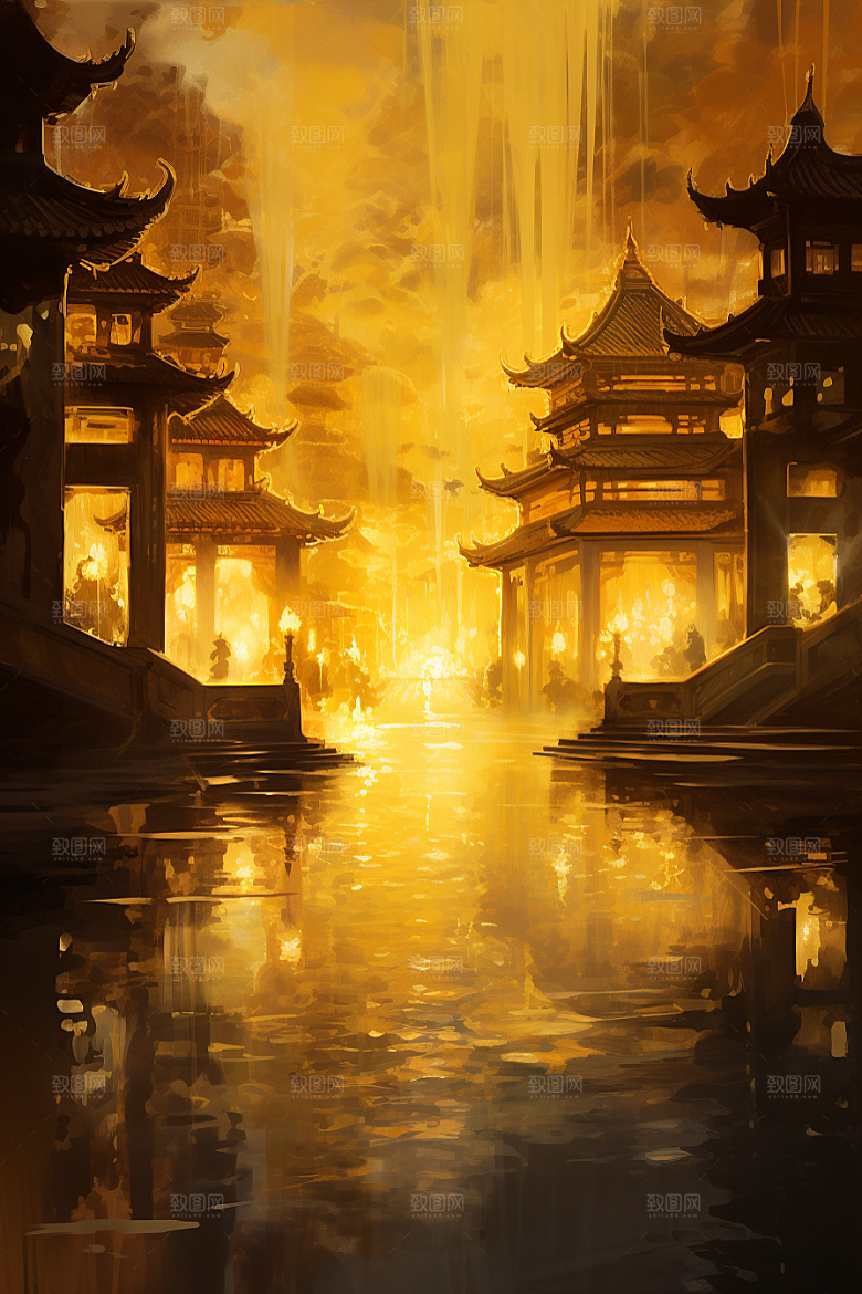 金色神话建筑天宫中国传统风格原画