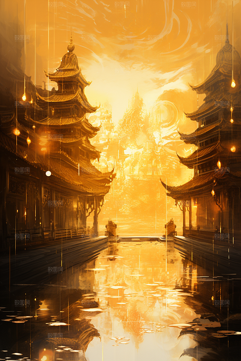 金色神话建筑古风游戏原画