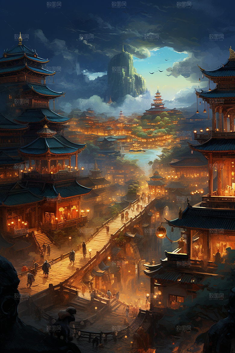 金色神话建筑国潮神仙洞府原画