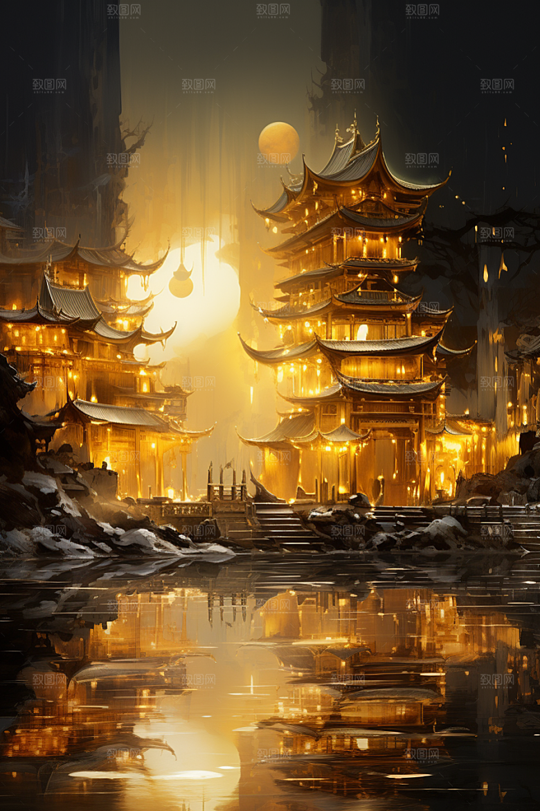 金色神话建筑中国传统风格神仙洞府原画