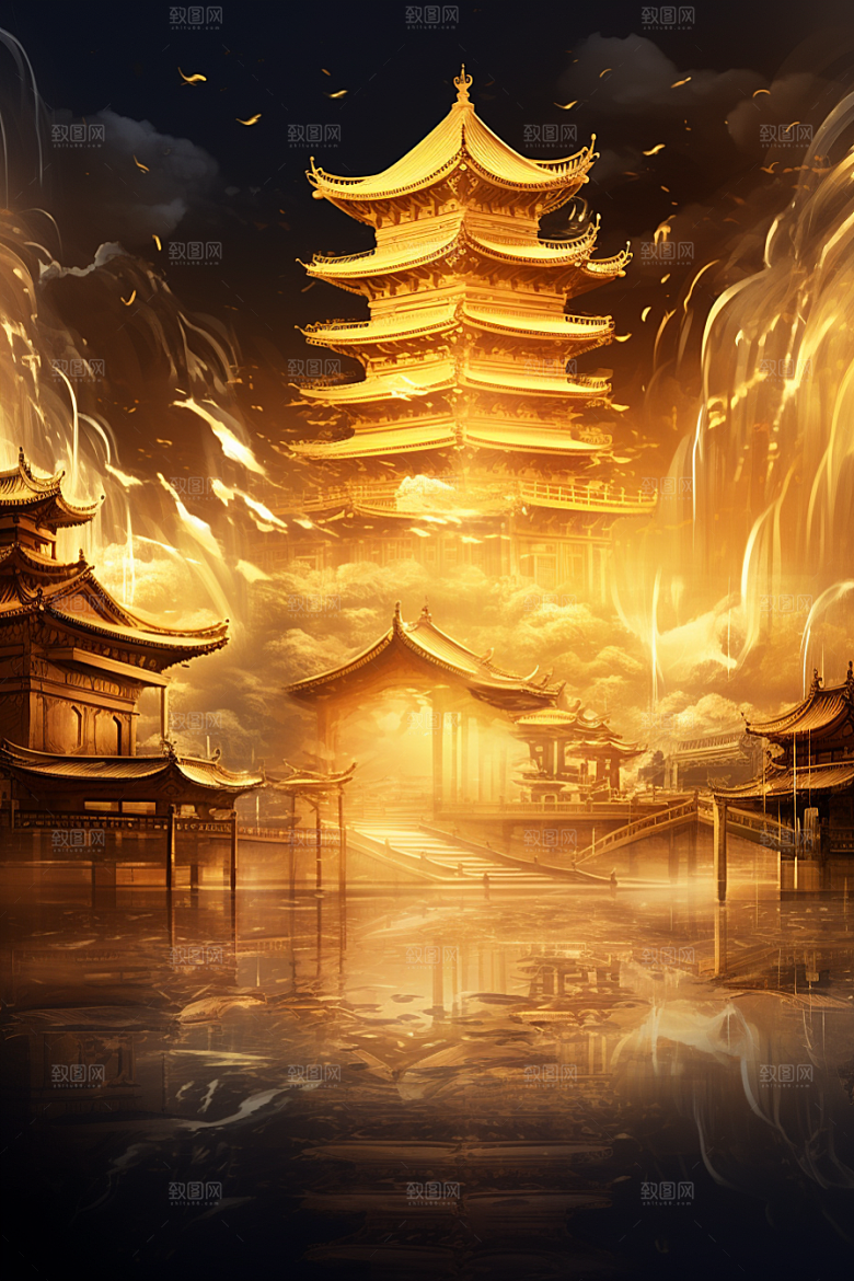 金色神话建筑梦幻古风原画