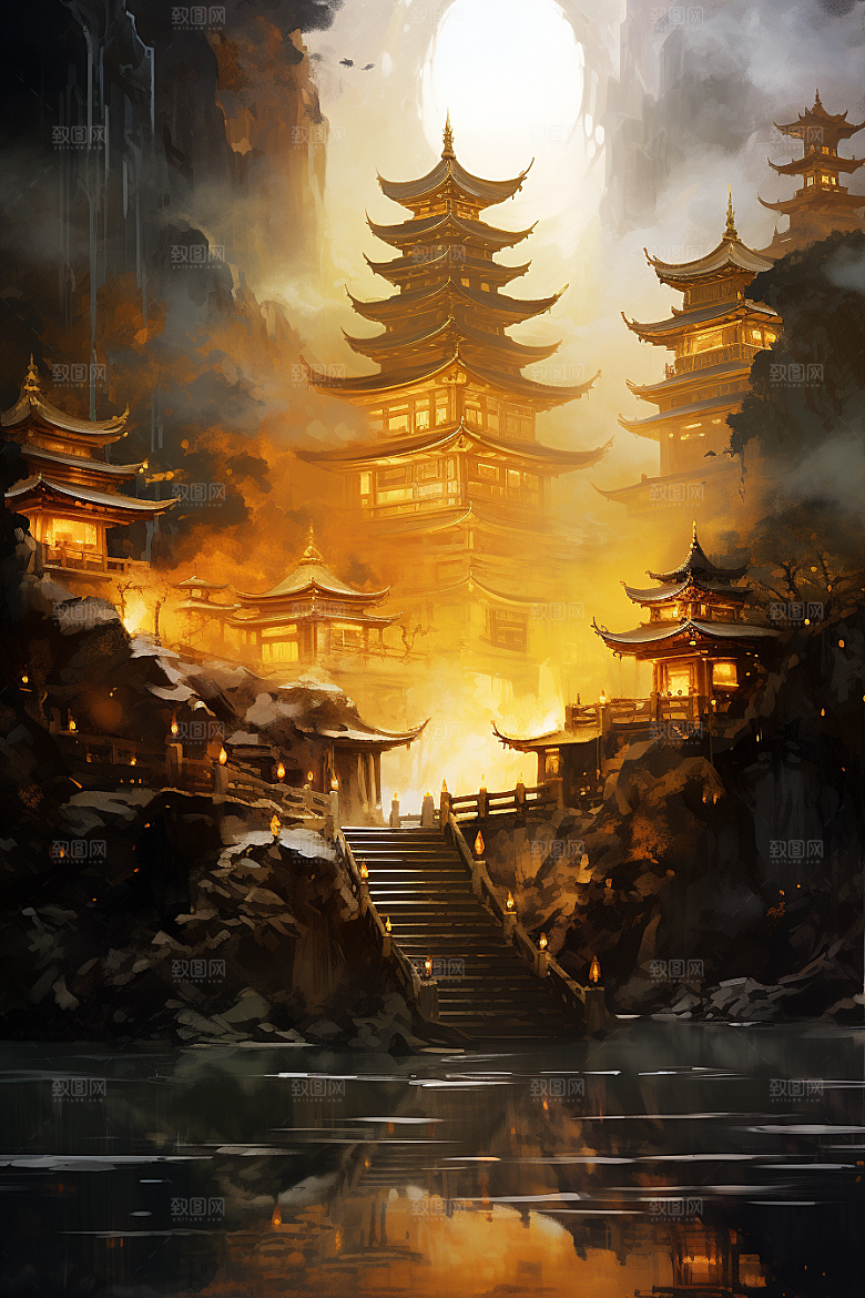 金色神话建筑梦幻古风原画