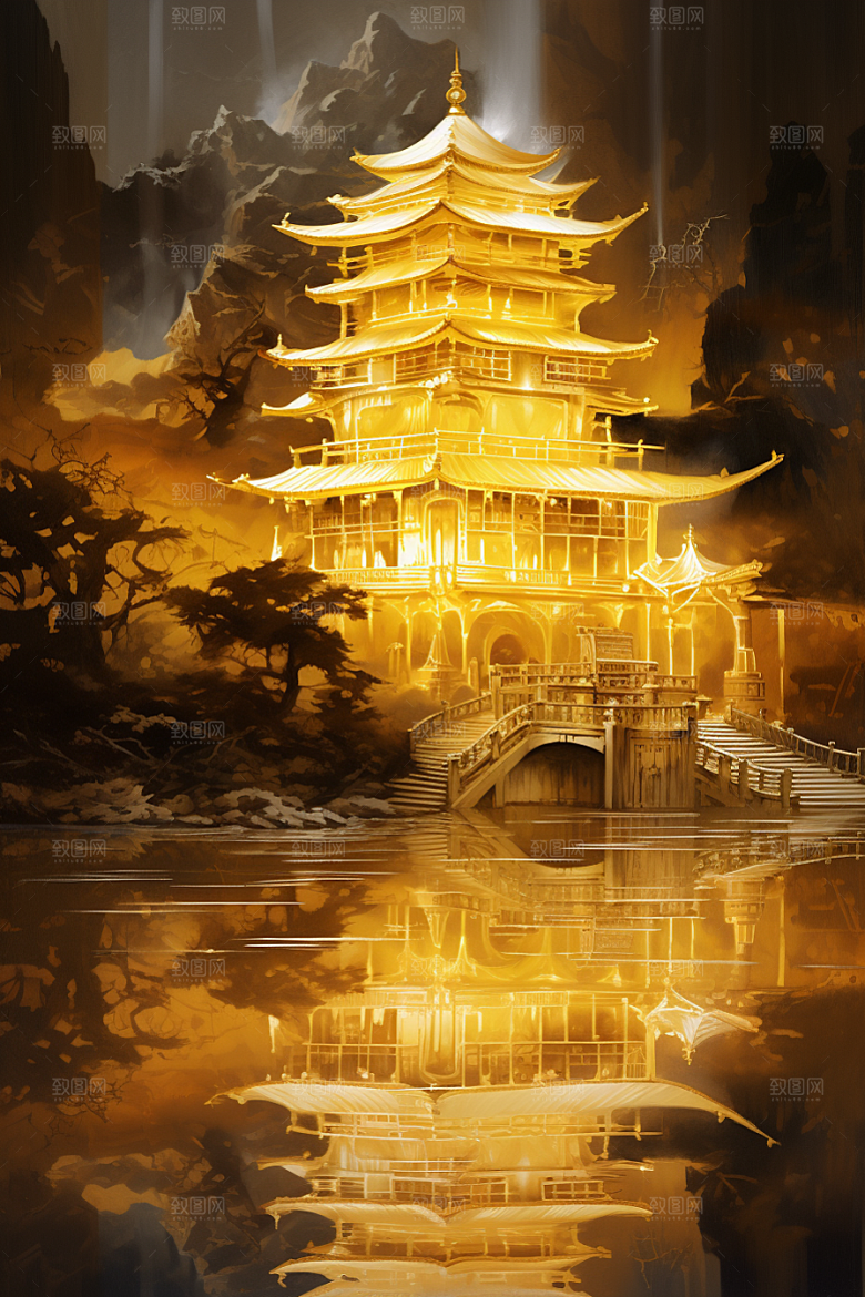 金色神话建筑古风游戏原画