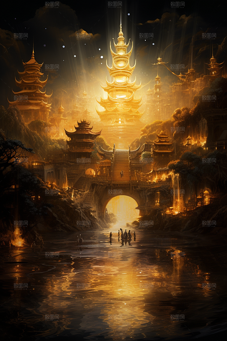 金色神话建筑神仙洞府中国传统风格原画