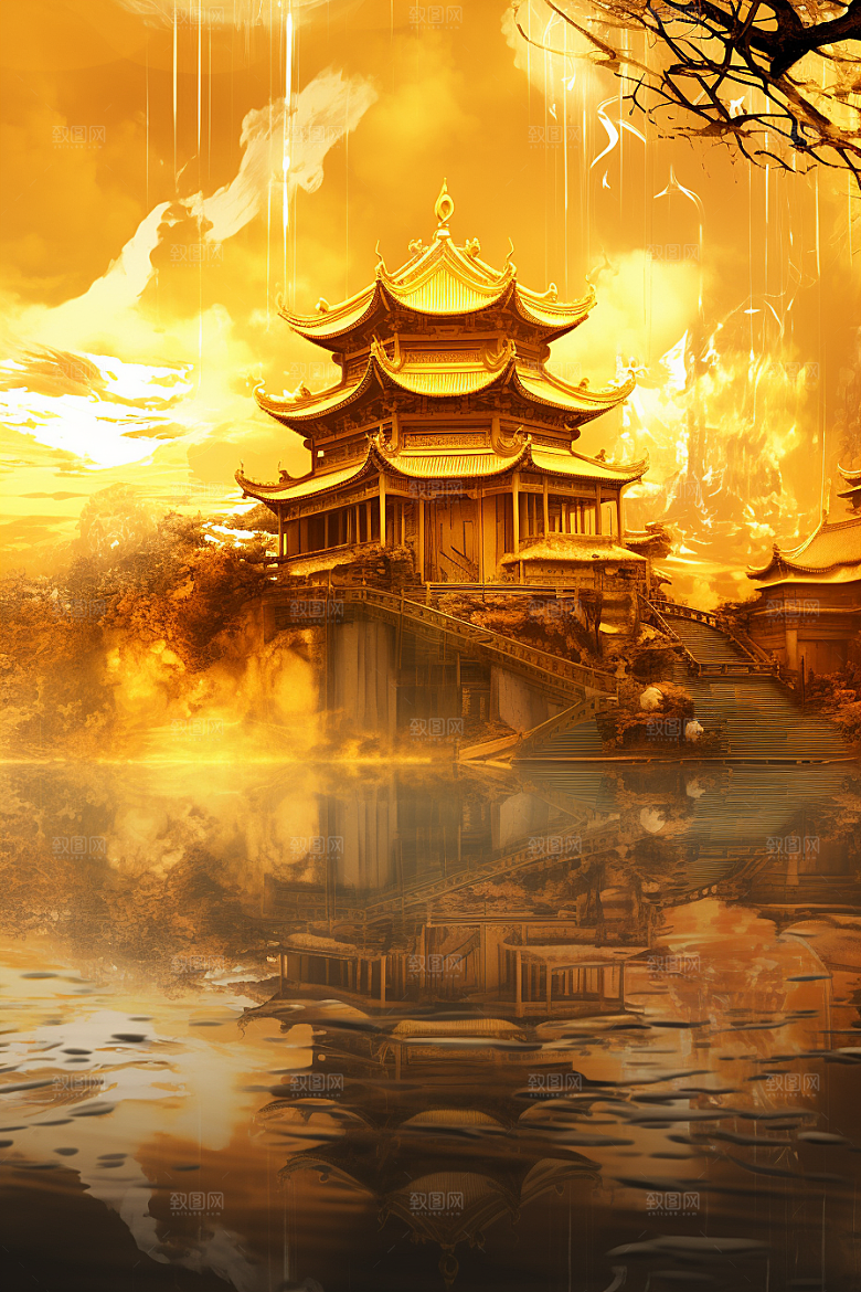 金色神话建筑中国传统风格古风原画