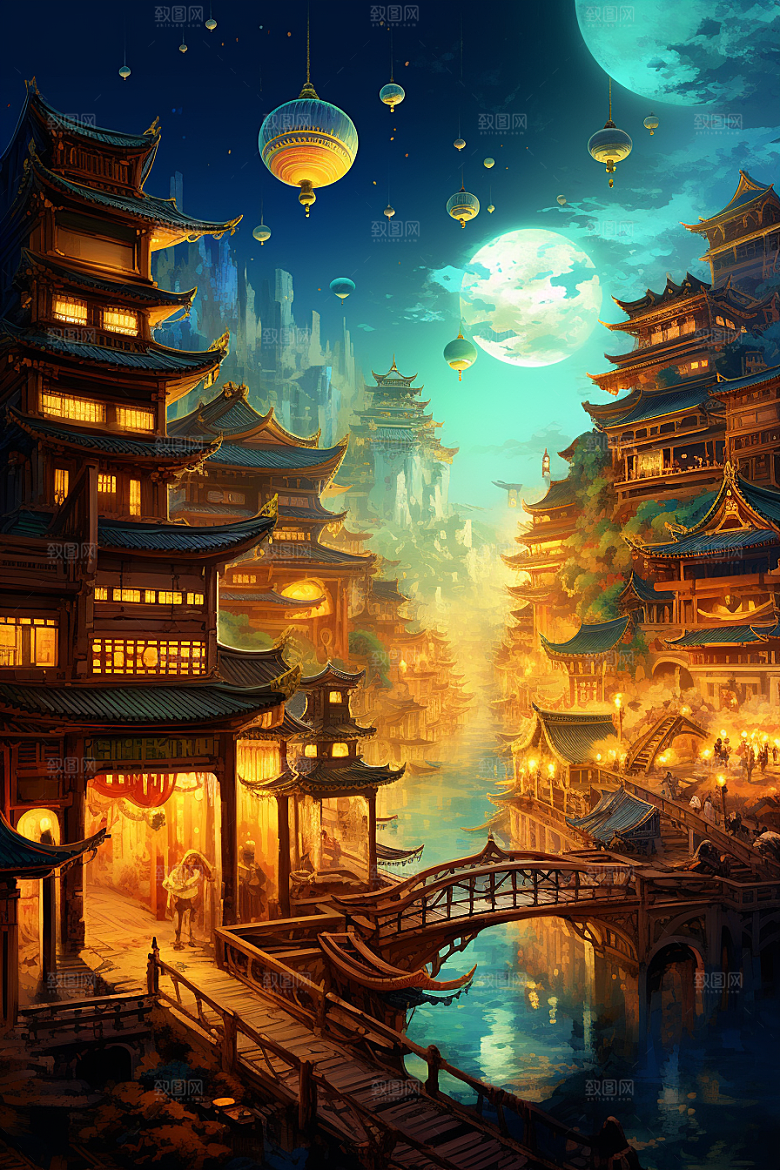 金色神话建筑中国传统风格梦幻原画