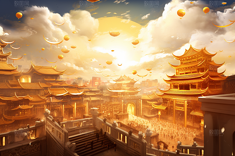 金色神话建筑游戏国潮原画