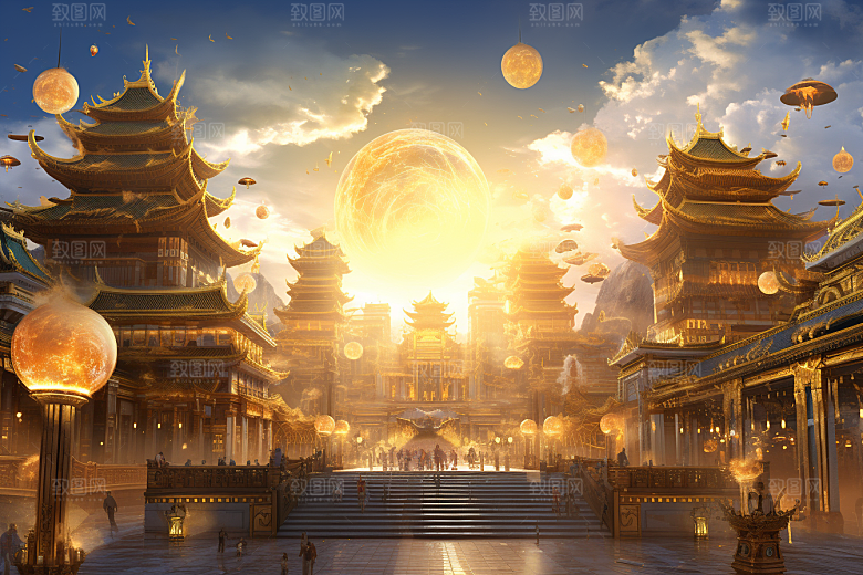 金色神话建筑中国传统风格天宫原画