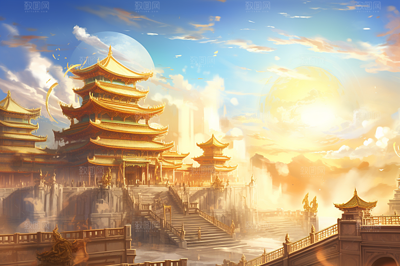 金色神话建筑梦幻中国传统风格原画