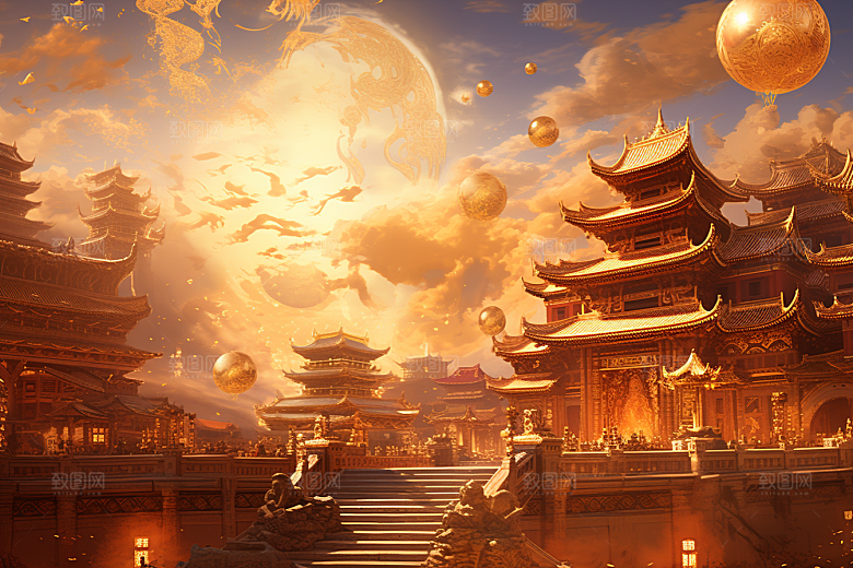 金色神话建筑神仙洞府古风原画