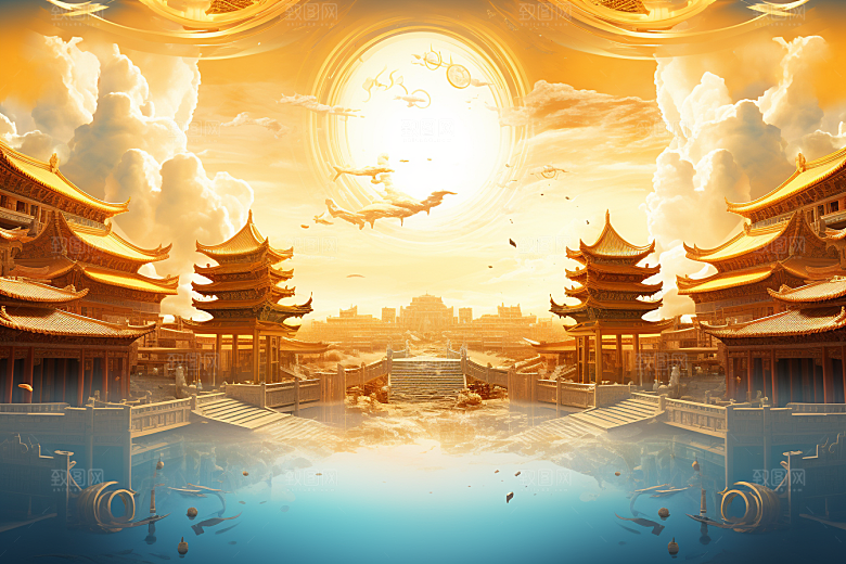 金色神话建筑神仙洞府国潮原画