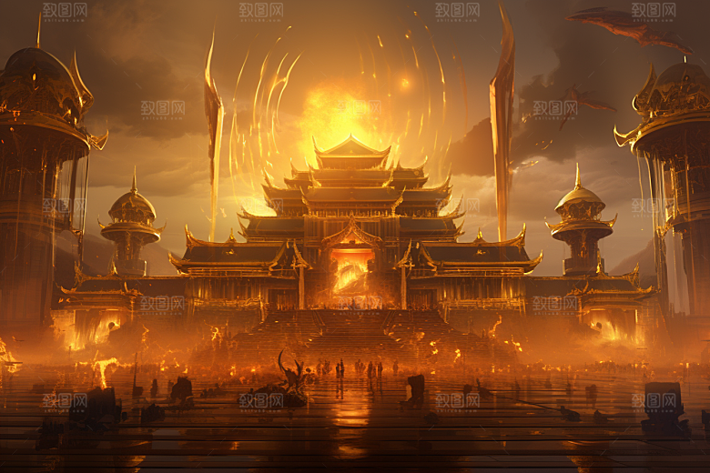 金色神话建筑中国传统风格梦幻原画