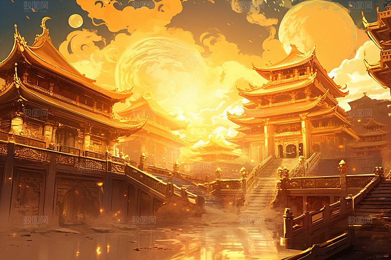 金色神话建筑中国传统风格游戏原画