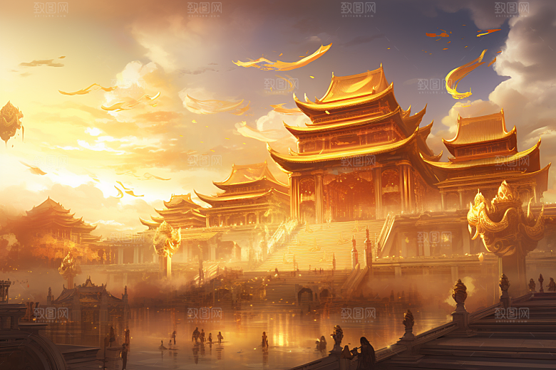 金色神话建筑中国传统风格古风原画