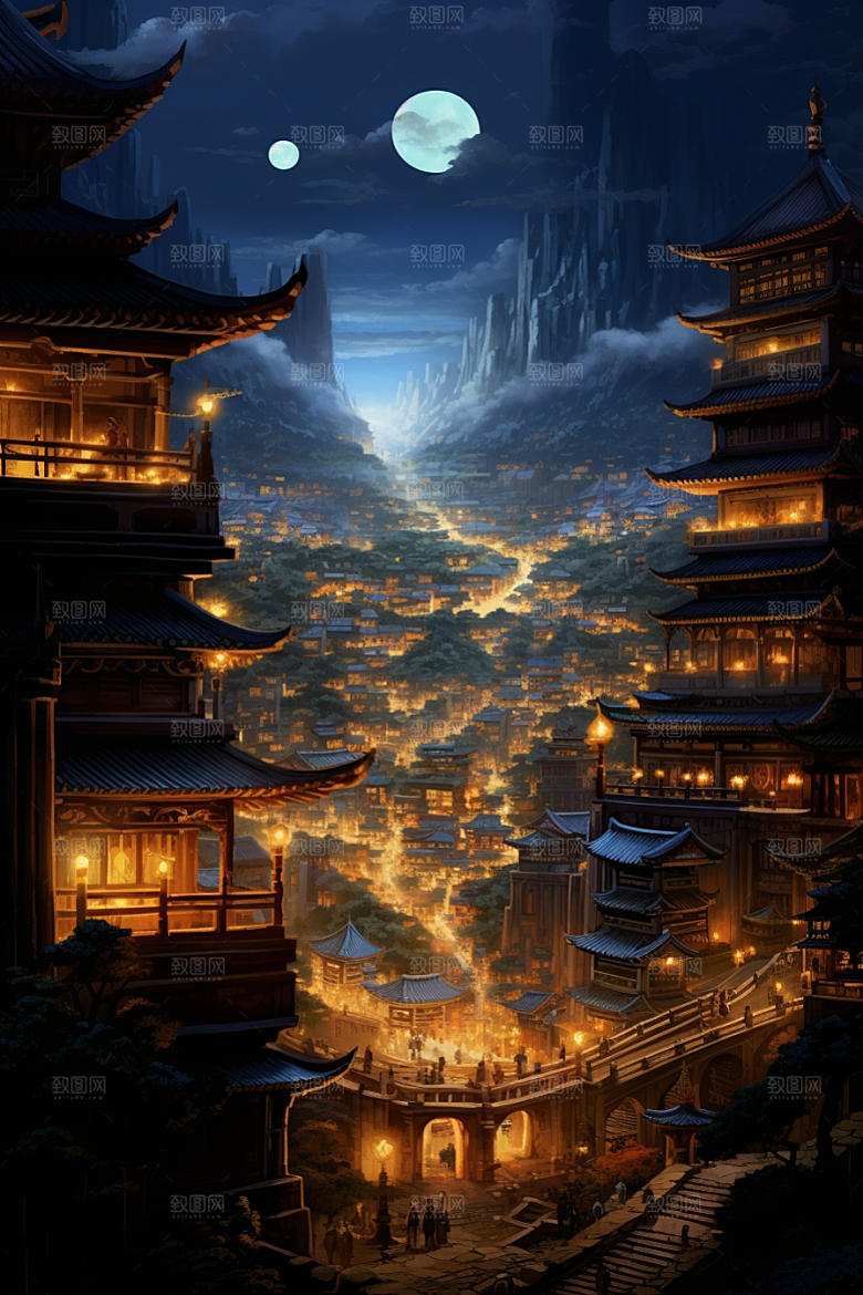 金色神话建筑中国传统风格古风原画