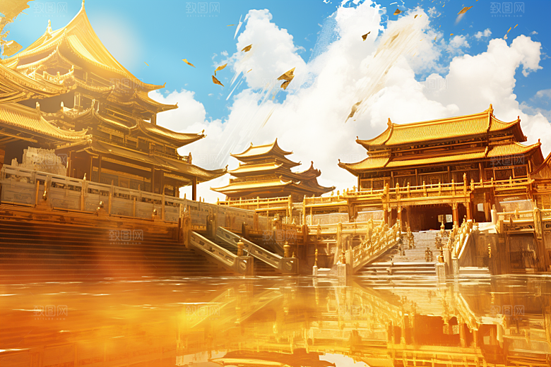 金色神话建筑中国传统风格国潮原画