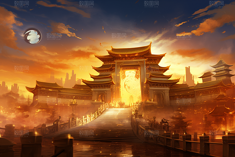 金色神话建筑神仙洞府古风原画