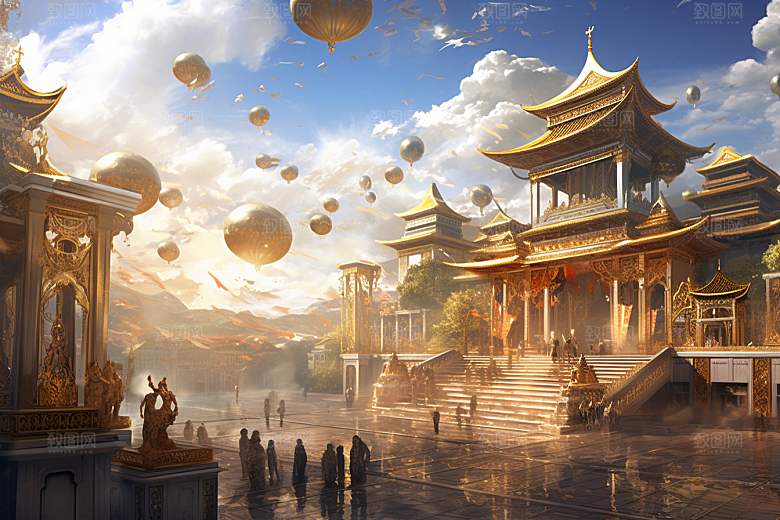 金色神话建筑古风神仙洞府原画