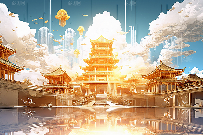 金色神话建筑中国传统风格国潮原画