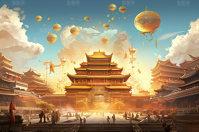 金色神话建筑天宫中国传统风格原画