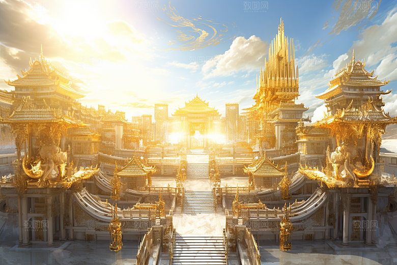 金色神话建筑神仙洞府中国传统风格原画