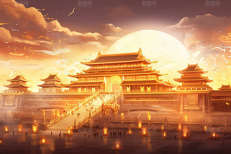 金色神话建筑中国传统风格国潮原画