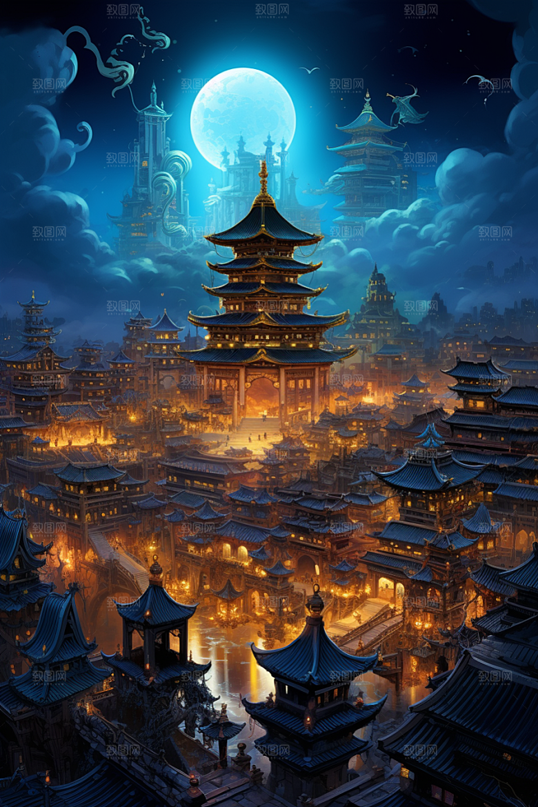 金色神话建筑中国传统风格游戏原画